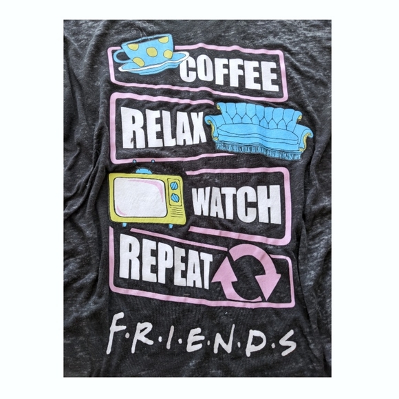 F•R•I•E•N•D•S Burnout Tee Coffee Relax Watch Repeat Friends TV Shirt - Picture 3 of 13
